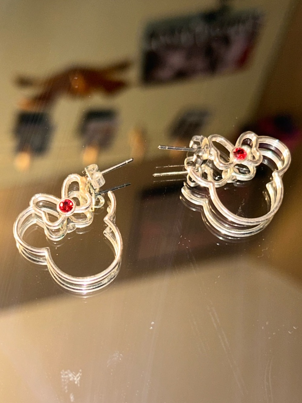 Disney Silver Tone Minnie Mouse Outline Earrings with Red Gem